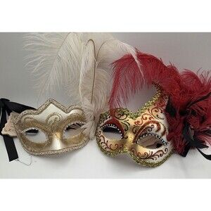 Venetian Masquerade Masks Set Feather Gold Red Hand Painted Italy Pier 1